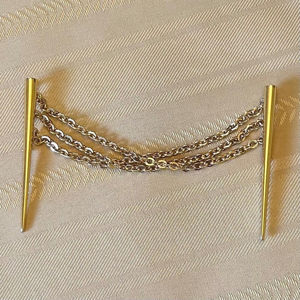 Monet Vintage Gold Tone Triple Chain Double Spike Pin Large Sweater Clip Brooch - Picture 10 of 12